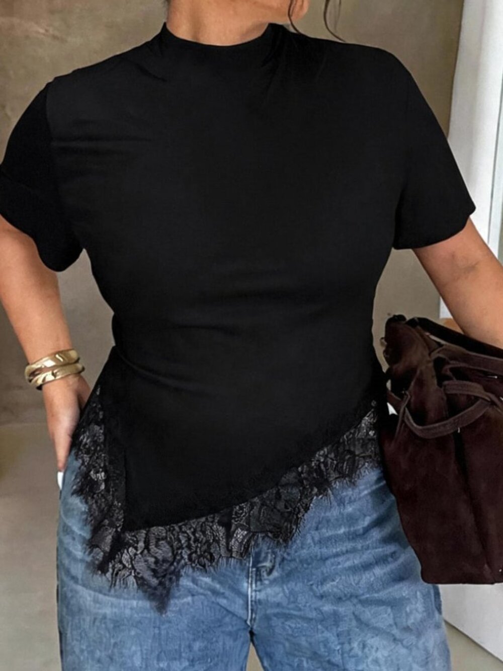 Black Casual Women's Plus Size Asymmetrical Lace Patchwork Short Sleeve T-Shirt